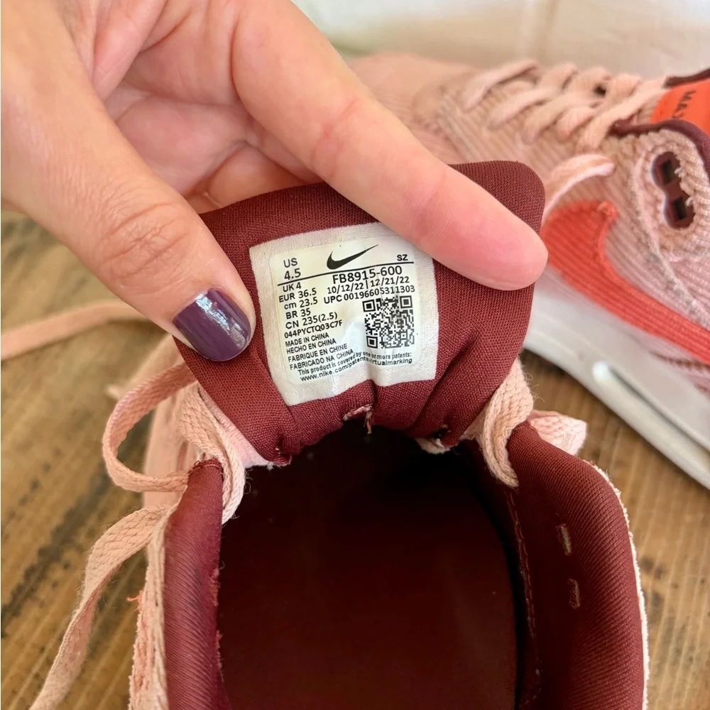 Nike Air Max 1 Coral Stardust Corduroy FB8915-600 SZ 4.5 - Picture 8 of 9